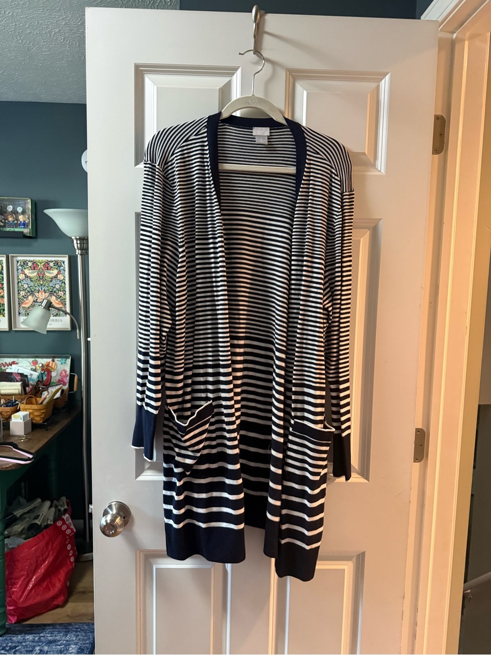 Chico's Navy and White Striped Open-Front Cardigan